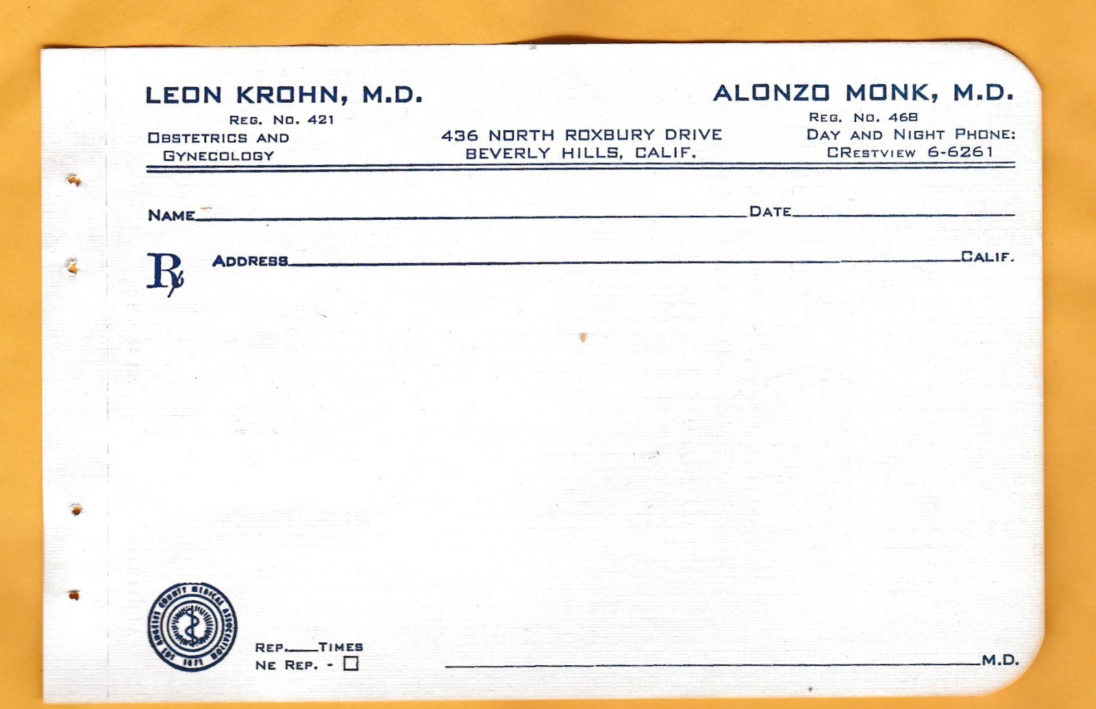 1957 original Rx blank, Schwab's Pharmacy, Beverly Hills,Marilyn Monroe's OB/GYN