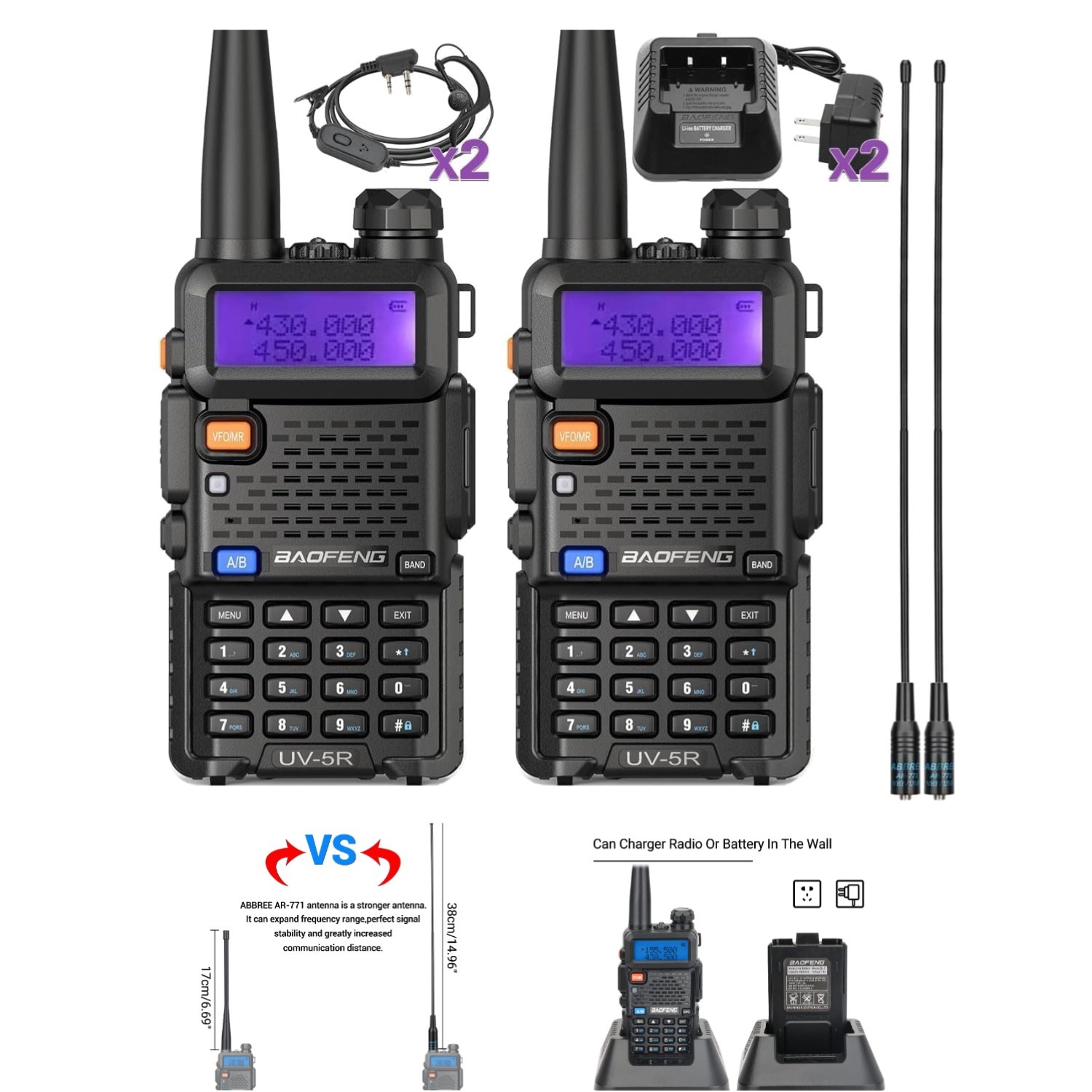 Rechargeable UV-5R Handheld Two-Way Radios with Earpieces - 2 Pack Adventure Kit
