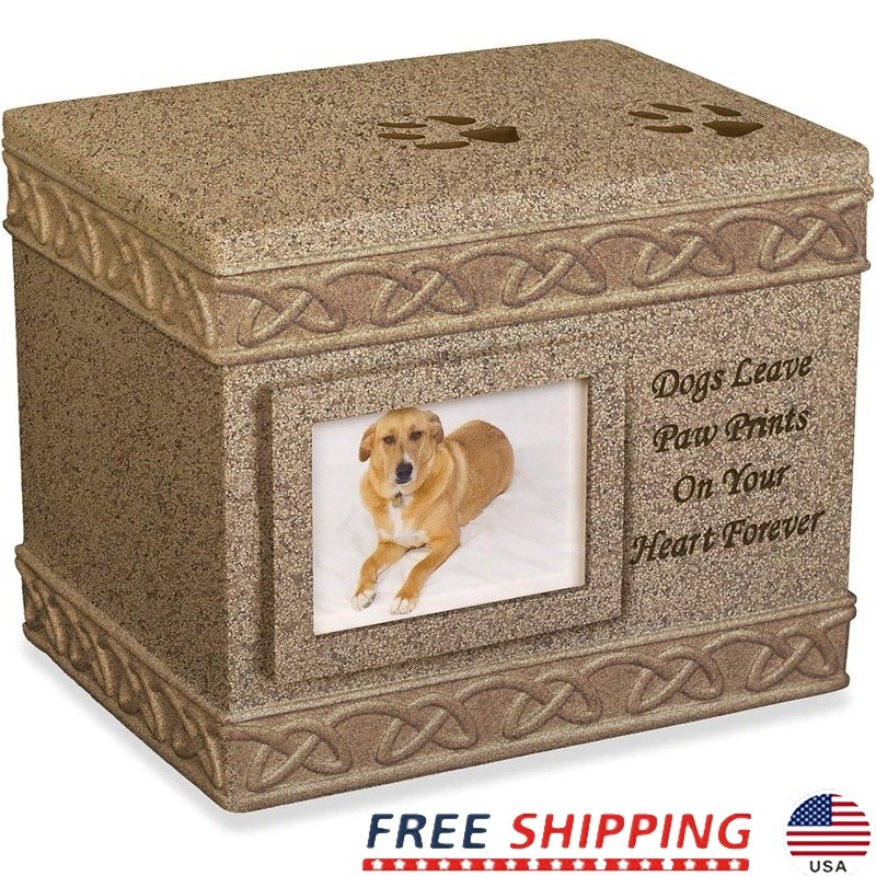 Pet Memorial Urn W/ Photo Frame Paw Print Design Beloved Dog Ashes Display New