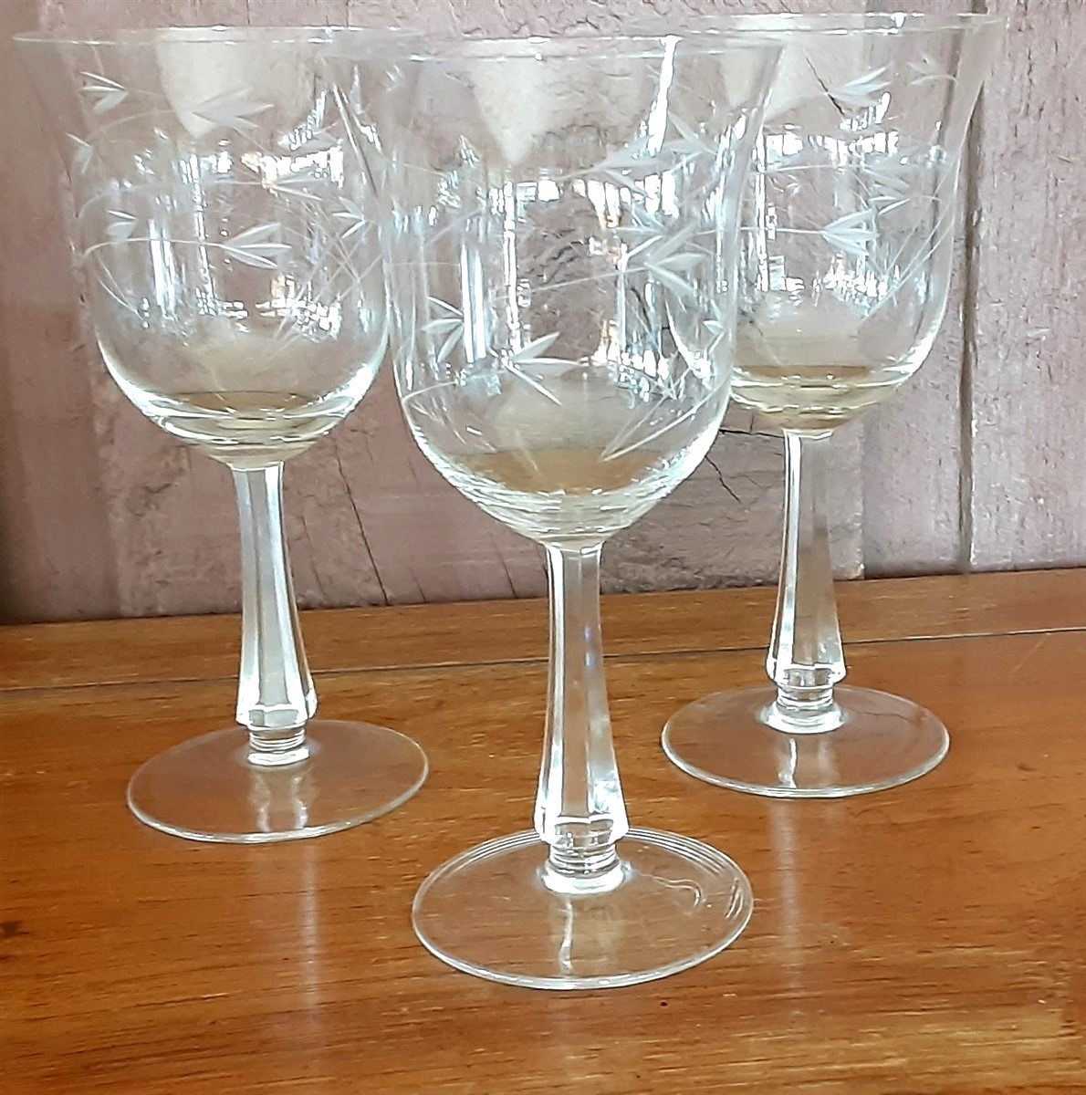 3 Vtg Crystal Wine Goblets Fine Blown Swirl Vines w/ Flower Leaves