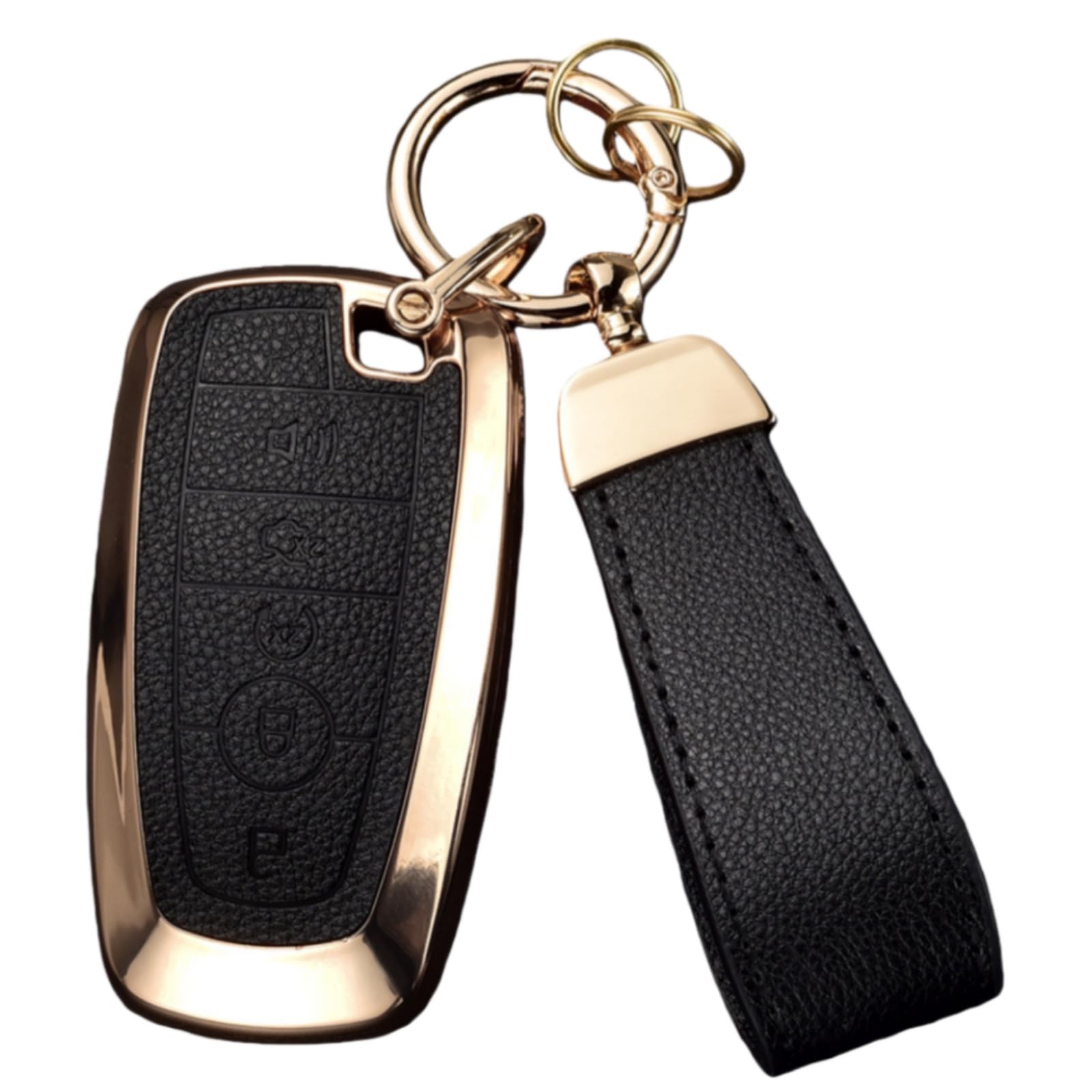 WiiLemz Key Fob Cover for Ford with Keychain, Upper Leather 5-BUTTONS, BLACK 