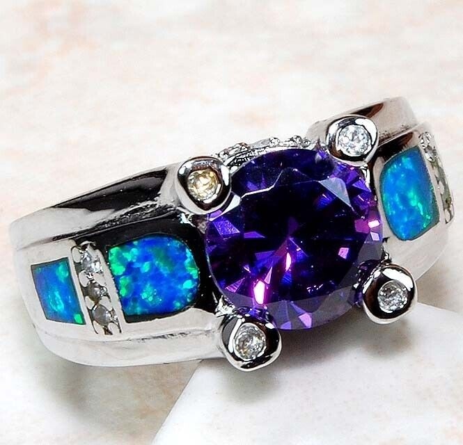 2CT Amethyst & Australian Opal Inlay 925 Solid Sterling Silver Ring Sz 6 BA3