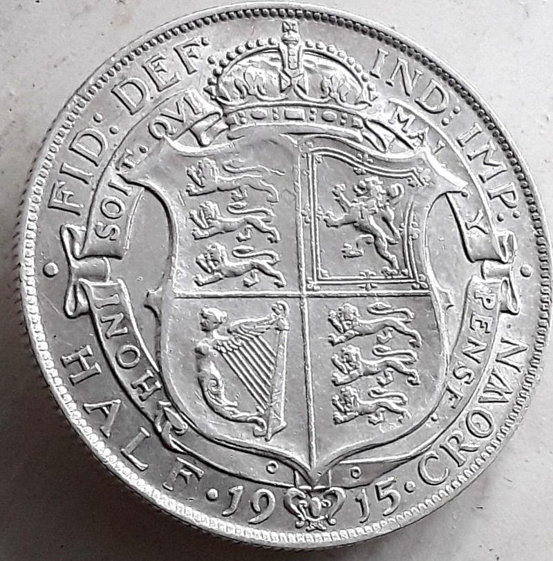 1915 UNITED KINGDOM HALF CROWN 925 14.2g GEORGE V (KEY DATE) WORLD WAR 1 SEE!!