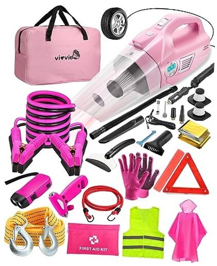 Roadside Emergency Car kit for Vehicles, with 4 in 1 Inflatable Car Vacuum Pink