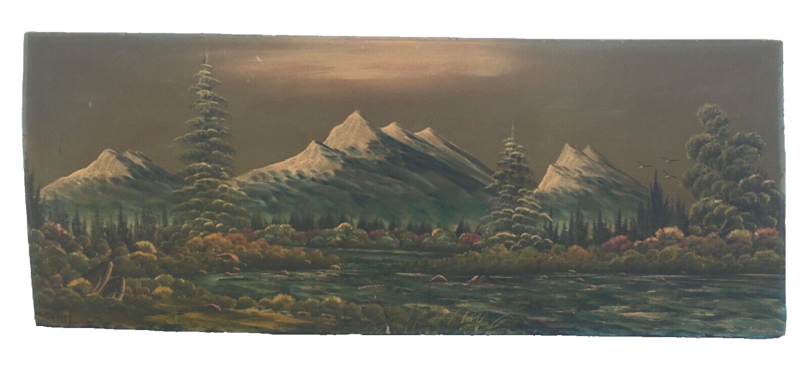Antique Large Vintage Mountain Landscape Trees Swiss Alps 23” x 5ft Damage