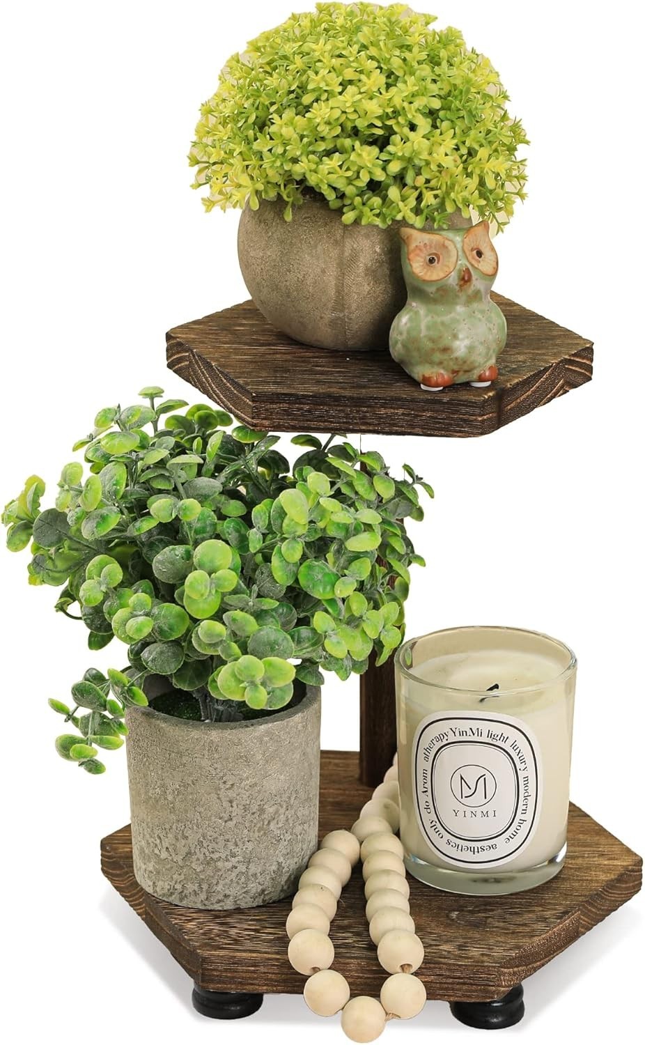 Hexagonal Wood Riser for Display, 2-Tier Rustic Wood Farmhouse Riser for Kitc...