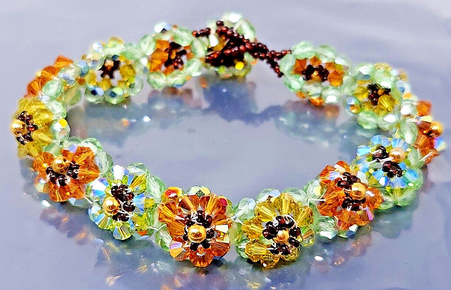 Vintage Austrian Multicolor Glass Beads Gold tone Bracelet 7"