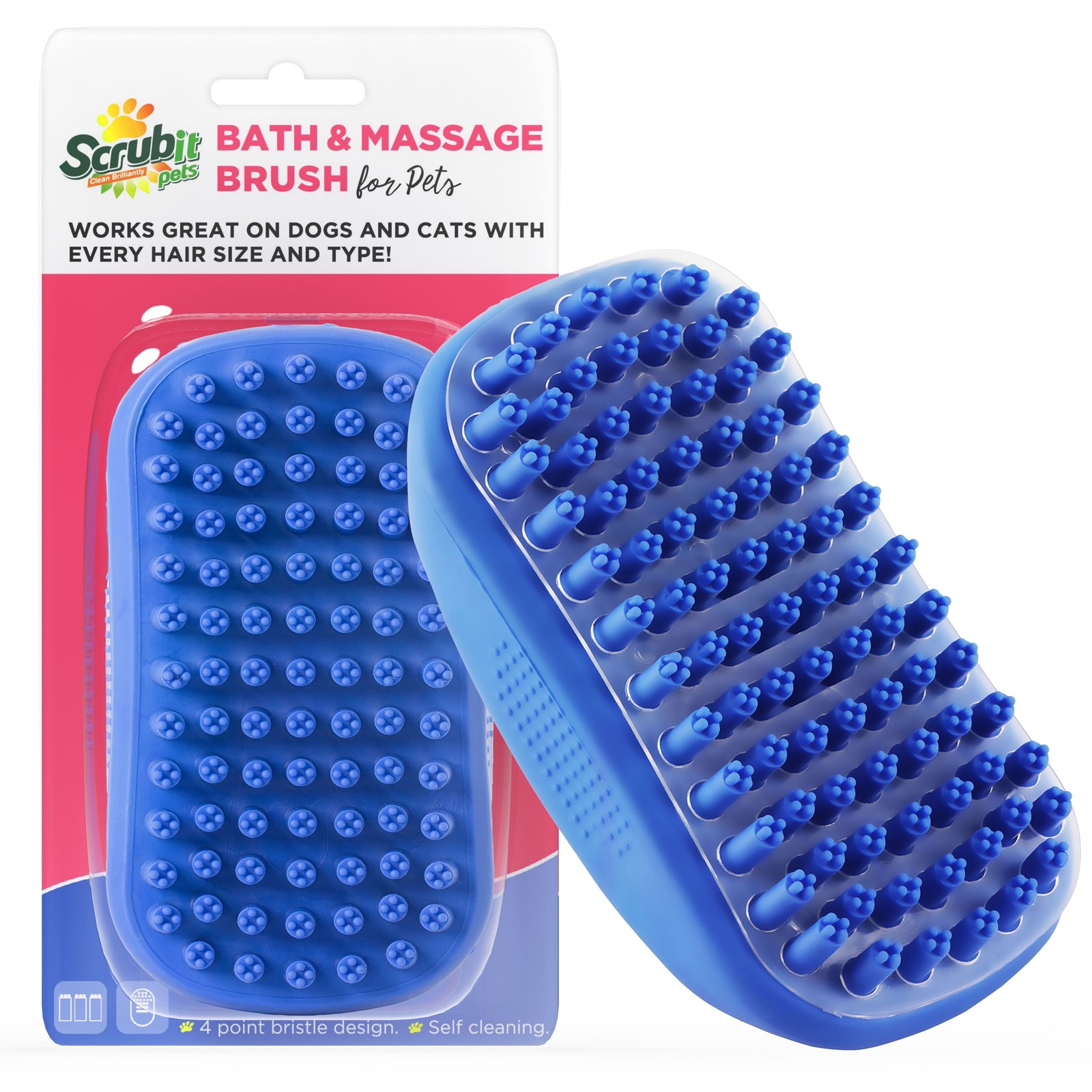 Dog Bath Scrubber Rubber Curry Comb & Pet Grooming Brush with Non-Slip Grip, Blu