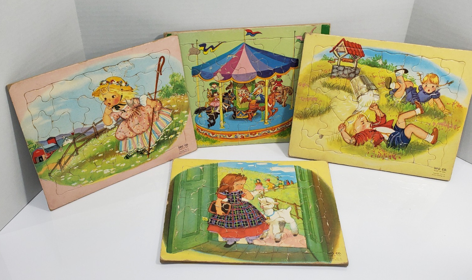 Lot of 4 1951 Vintage SIFO co cardboard tray PUZZLES nursery rhymes USA