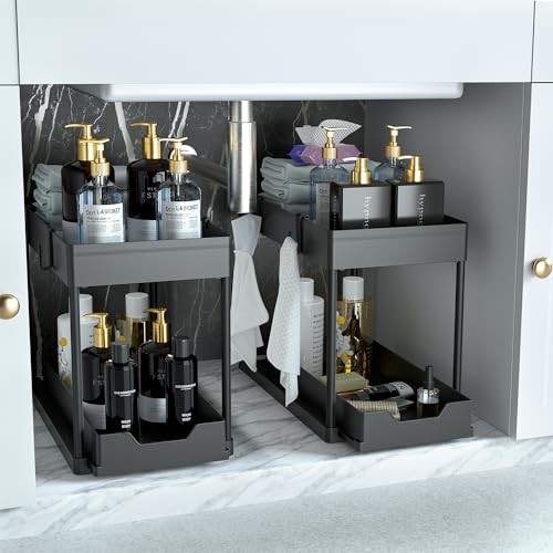  Under Sink Organizer 2 Pack, Bathroom Cabinet Organizer, 2 Tier Sliding Black
