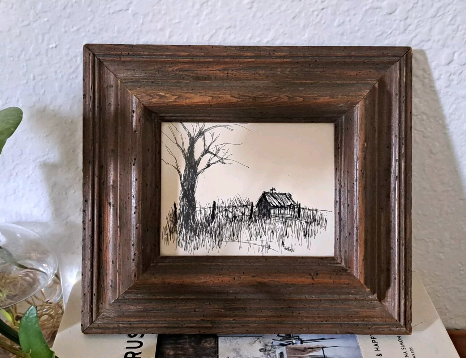 Small Framed Original Ink Drawing Barn Tree B. E. Hatfield  Rustic Decor VTG