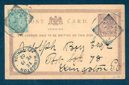 JAMAICA 1902 MANDEVILLE SQ CIRCLE 1902 UPRATED ½P QV PC INTERNAL