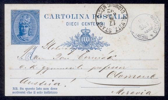 SAN MARINO 1892 BLUE POSTAL CARD TO MORAVIA