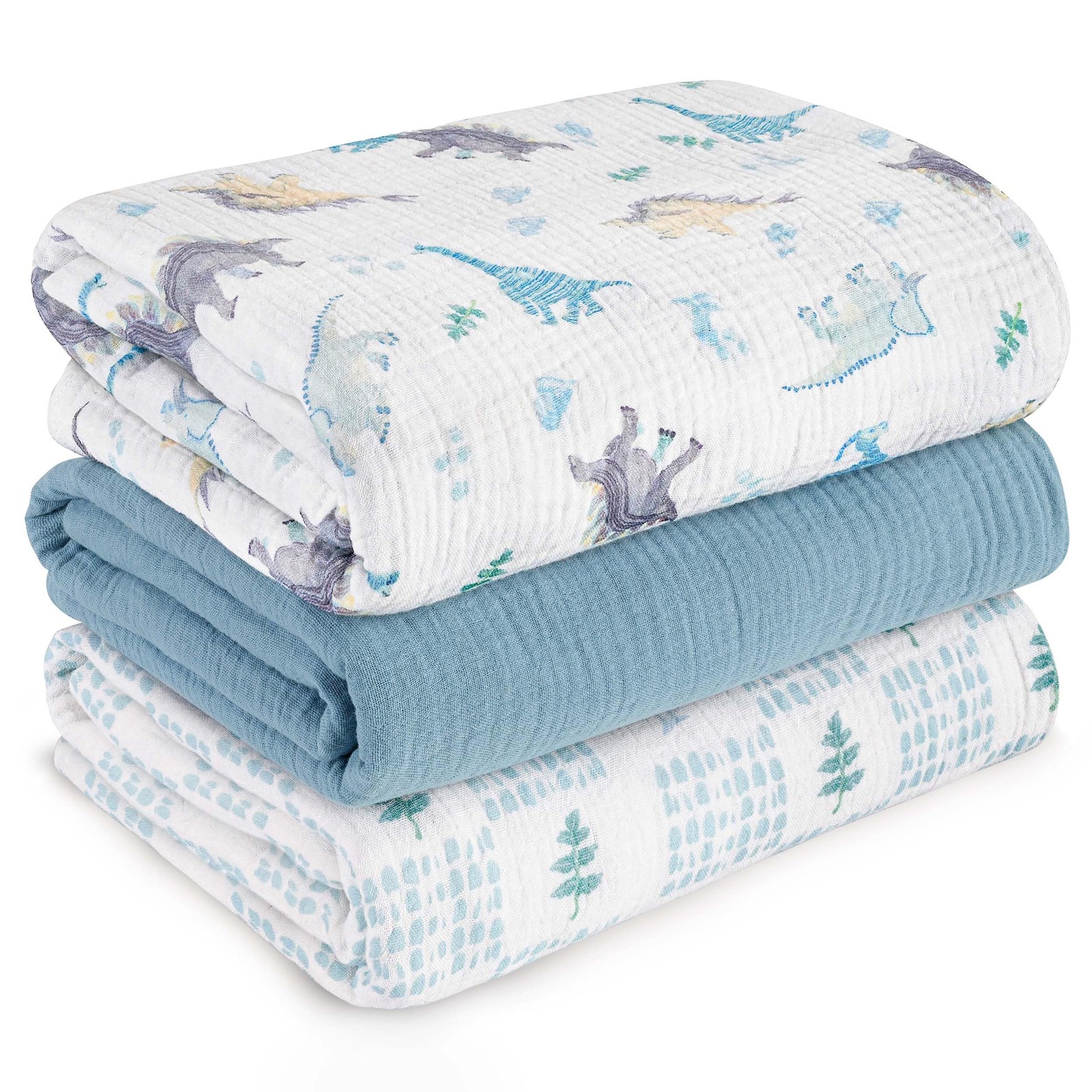 Muslin Swaddle Blankets for Newborn, 3 Pack Breathable 3 PACK, Blue Dinosaur 