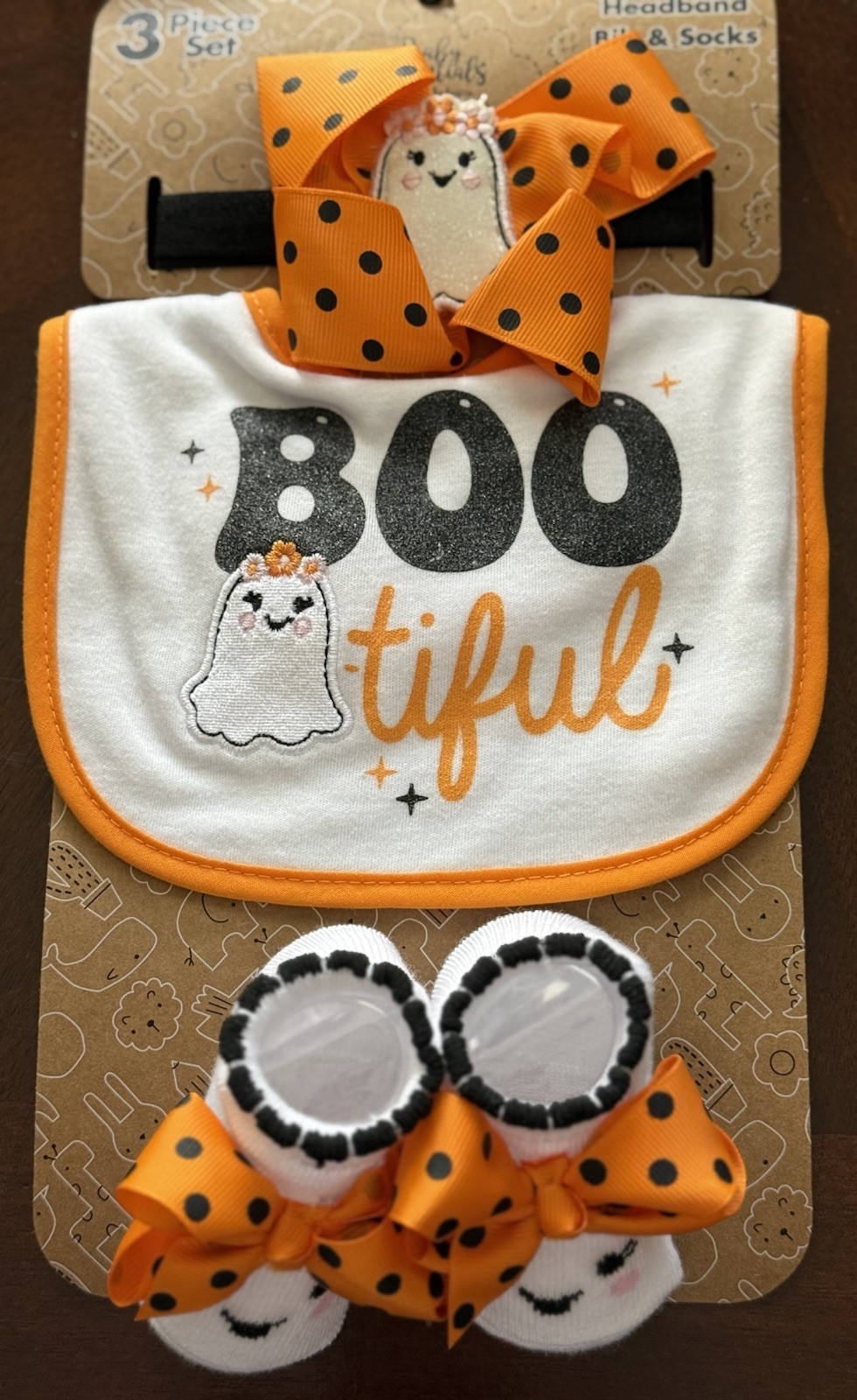 Baby Essentials Halloween 3 Pc Headband, Bib & Socks Set NWT