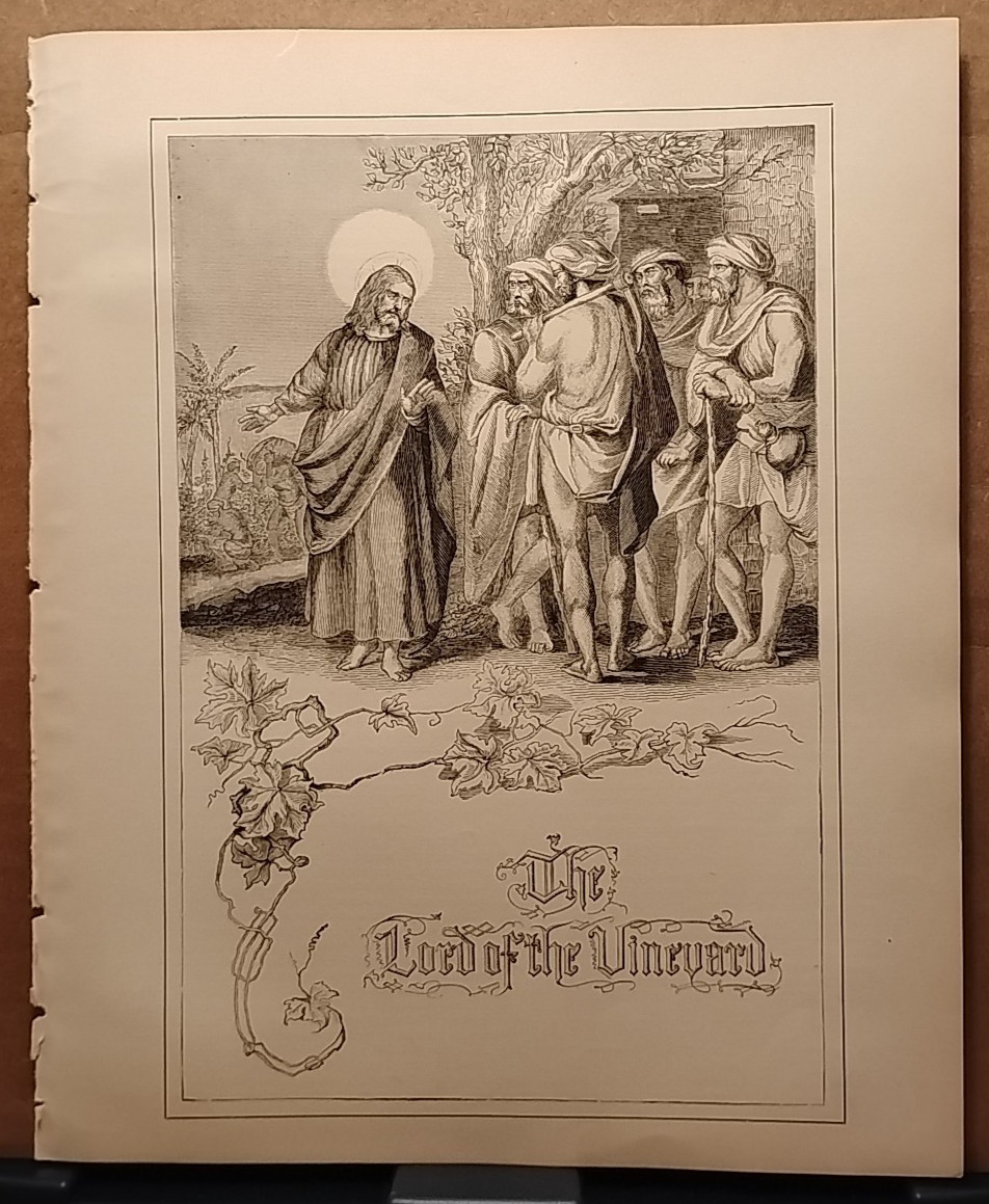 1884 - Vintage THE LORD OF THE VINEYARD Antique Bible Print from 1800s