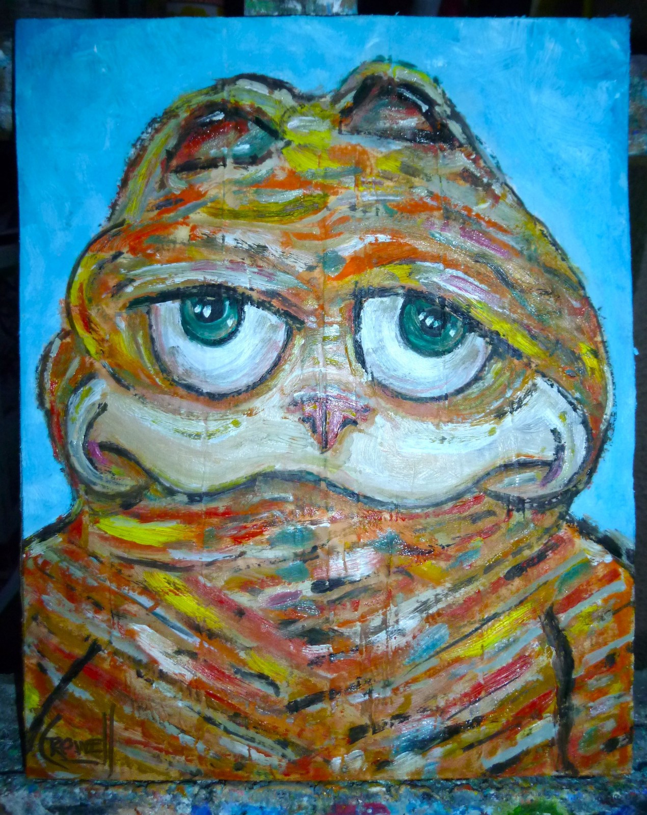 GARFIELD AFTER A FEW  tabby cat original 8x10 card panel oil painting by Crowell