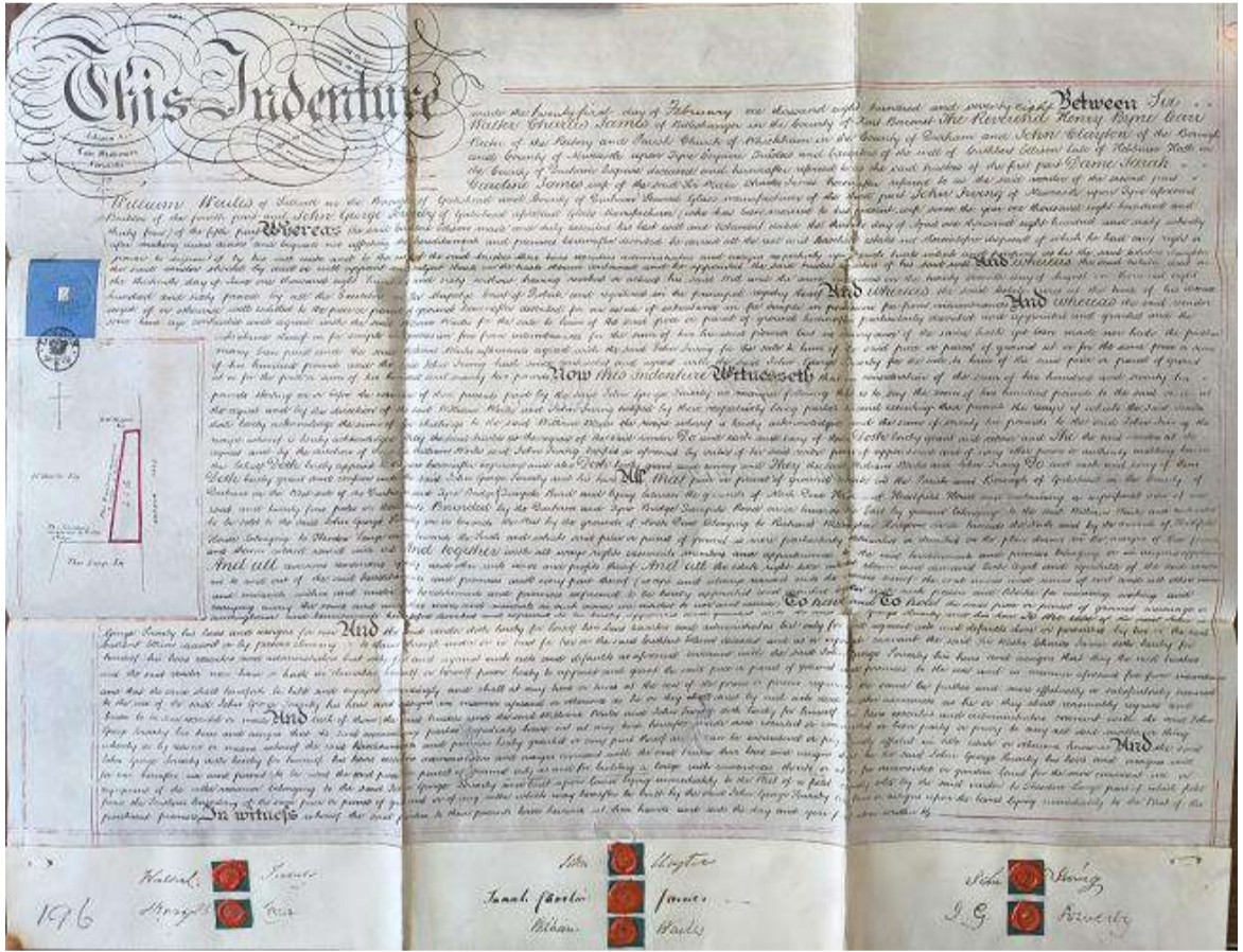 154 Yrs 1871 English Vellum Indenture Property Deed Hand-Colored Map Wax Seals