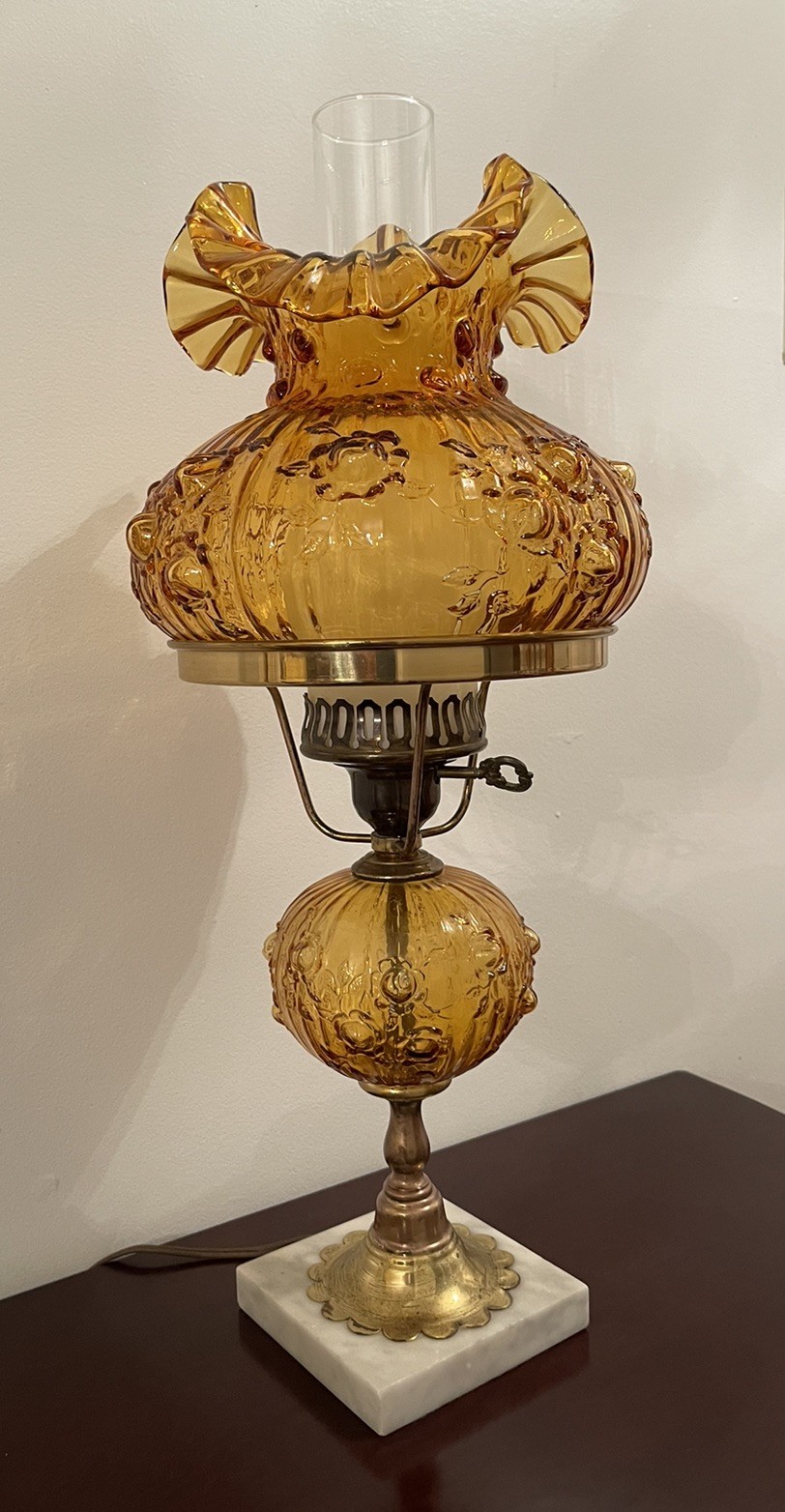 VTG Fenton Poppy Rose Amber Embossed Glass 20.5” Student GWTW Marble Base Lamp