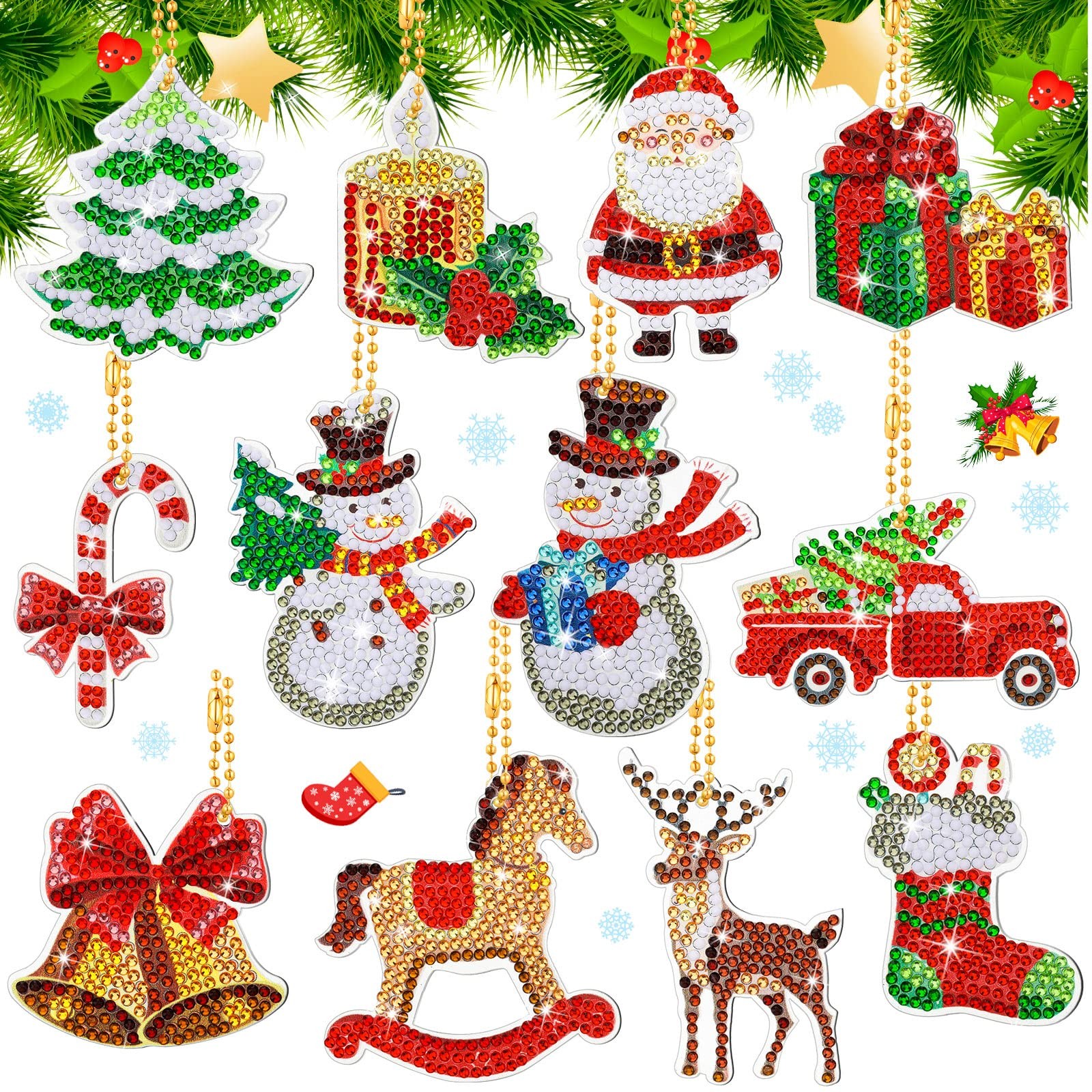 Ferraycle 12 Pcs Diamond Art Christmas Ornaments Small, Classic Style 
