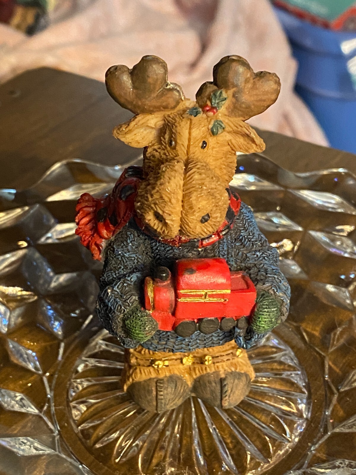 Vintage Christmas Moose Holding Train Figurine 3.5"