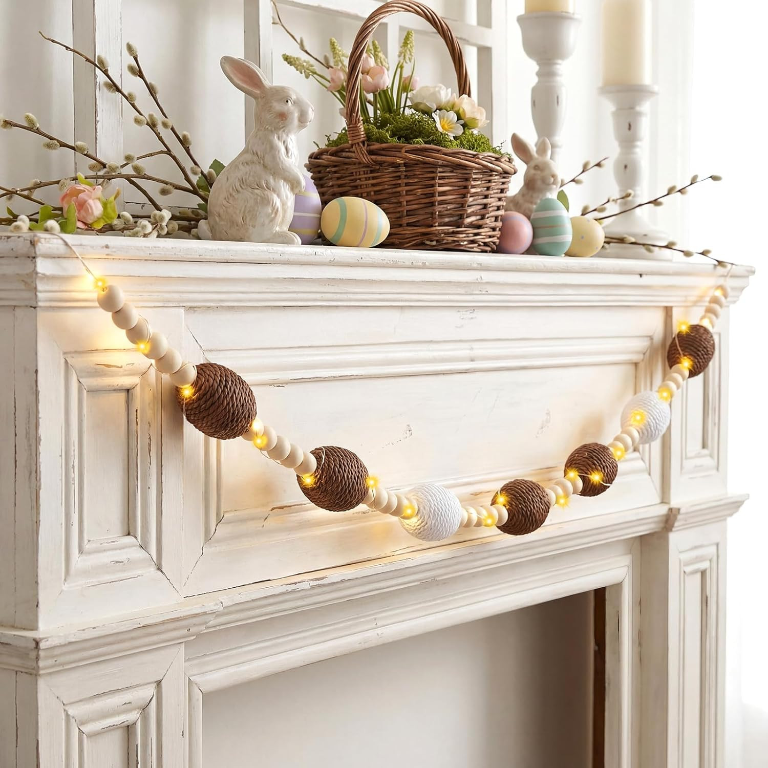 6.56 Ft Easter Egg Garland Wooden Beads Easter Garland with String Lights Linen 