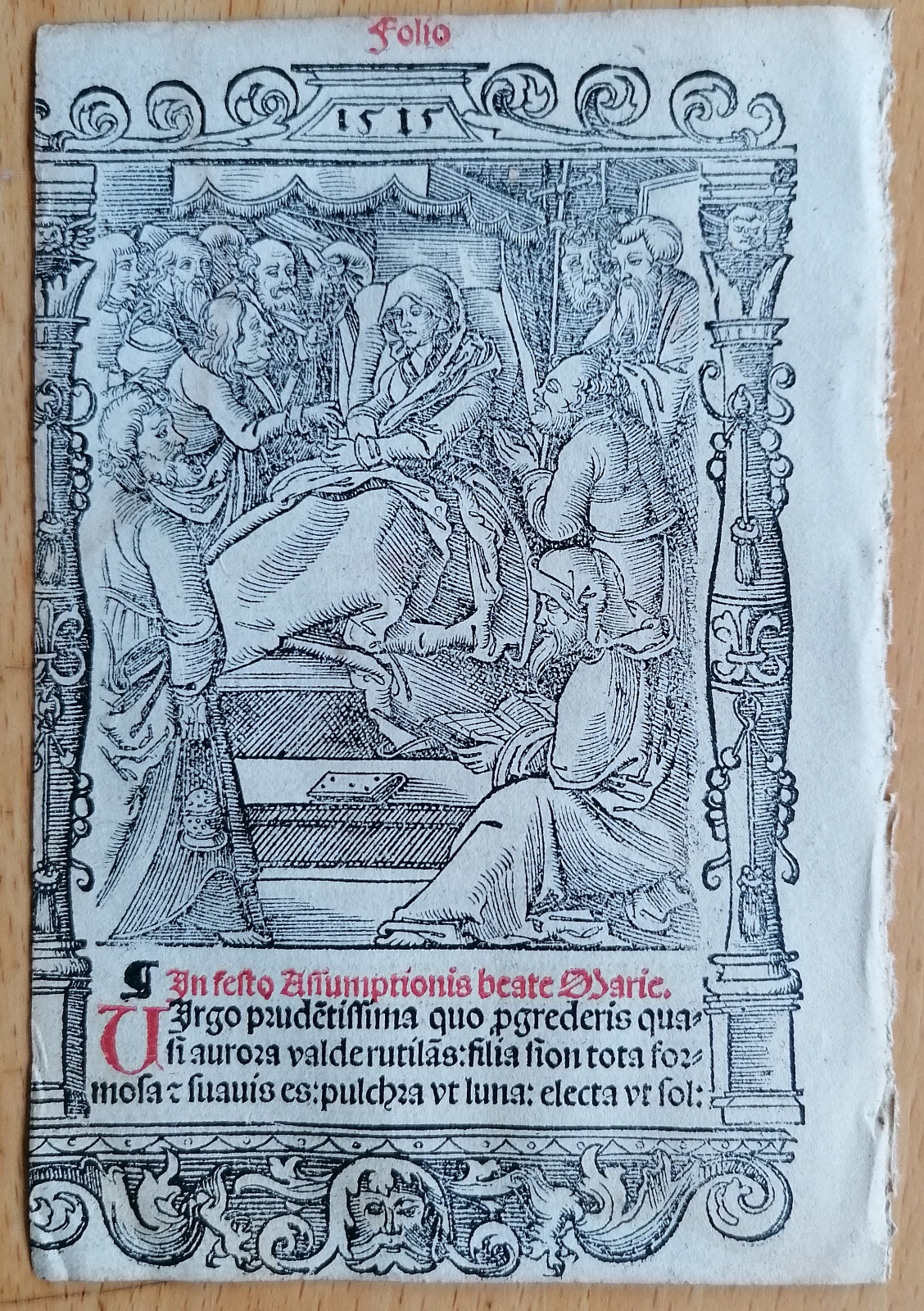 Assumption Mary Original Large Woodcut Post Incunable Leaf Hortulus Animae- 1516
