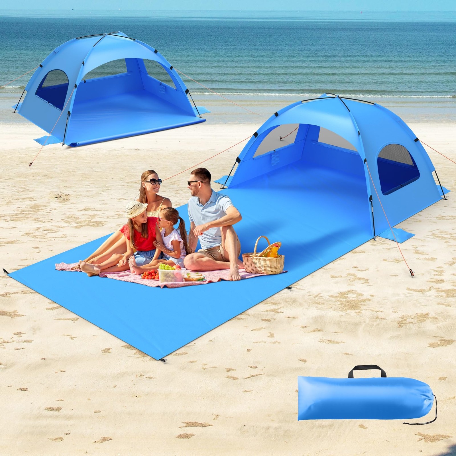 Beach Tent Sun Shelter with Extended Sand Mat 114×82inch，UPF 50+ Pro