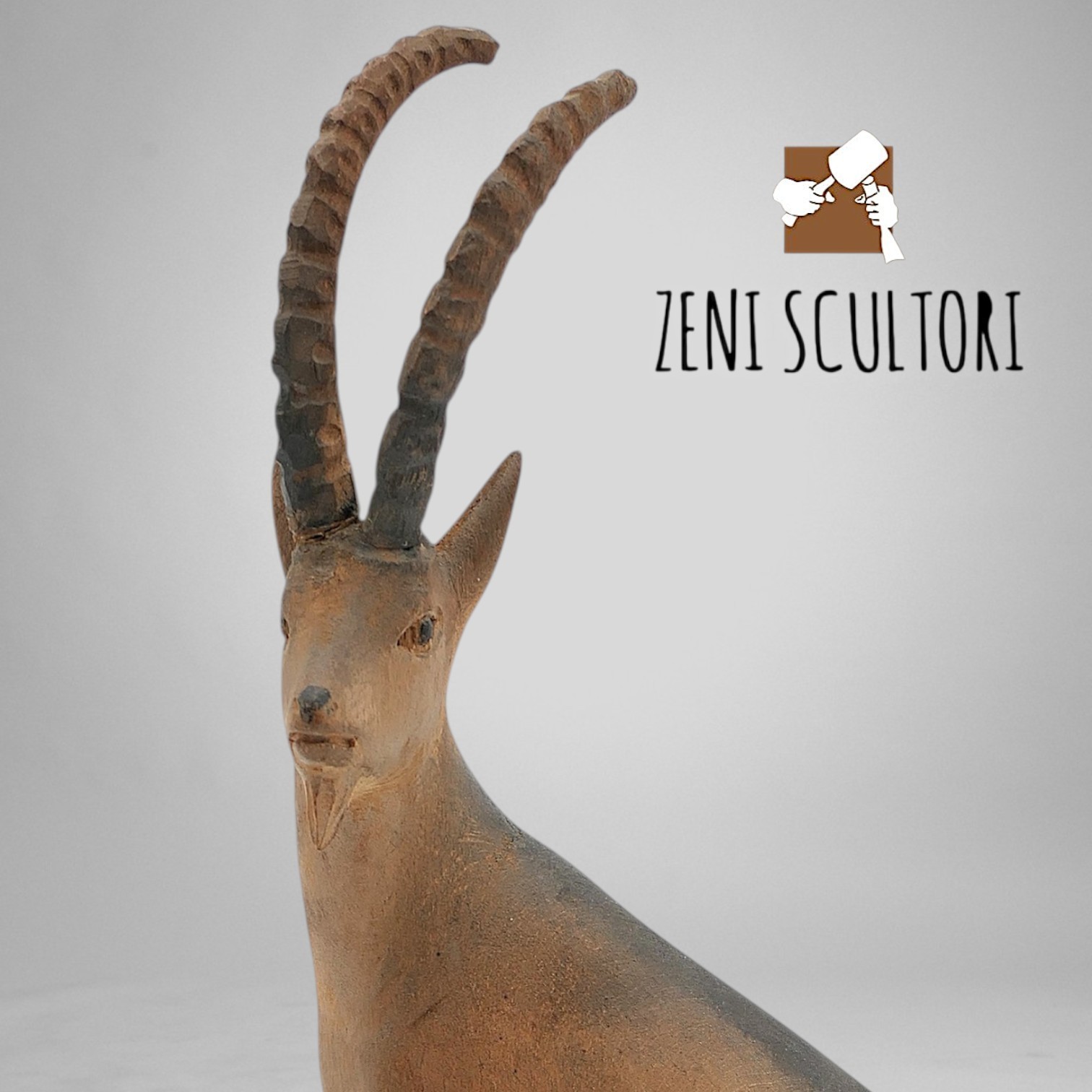 Zeni Scultori - Sculpture, Depicting Ibex - HANDMADE - Wood Sculptur-26cm