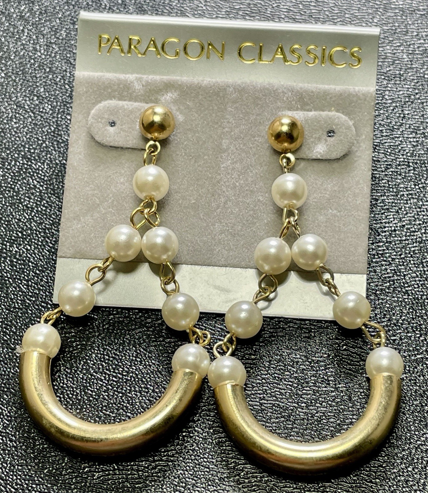 Vintage 2.5” Faux Pearl Gold Tone Metal Chain Dangle Earrings