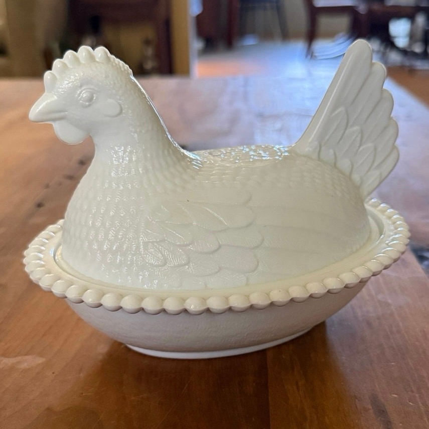 Indiana Glass Hen on Nest • White Milk Glass • 7.5” • Vintage Covered Dish
