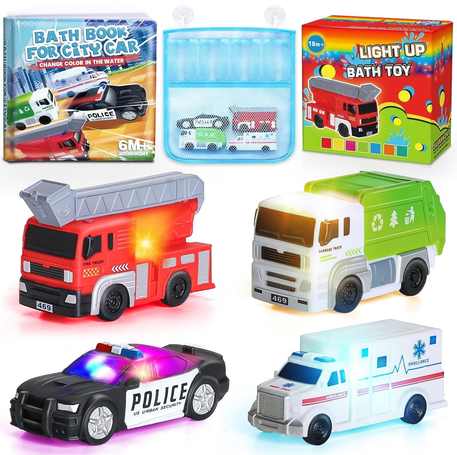 4 Floating Changing Color Light Up Bath Toy Car with Bath Book & Storage Bag,...