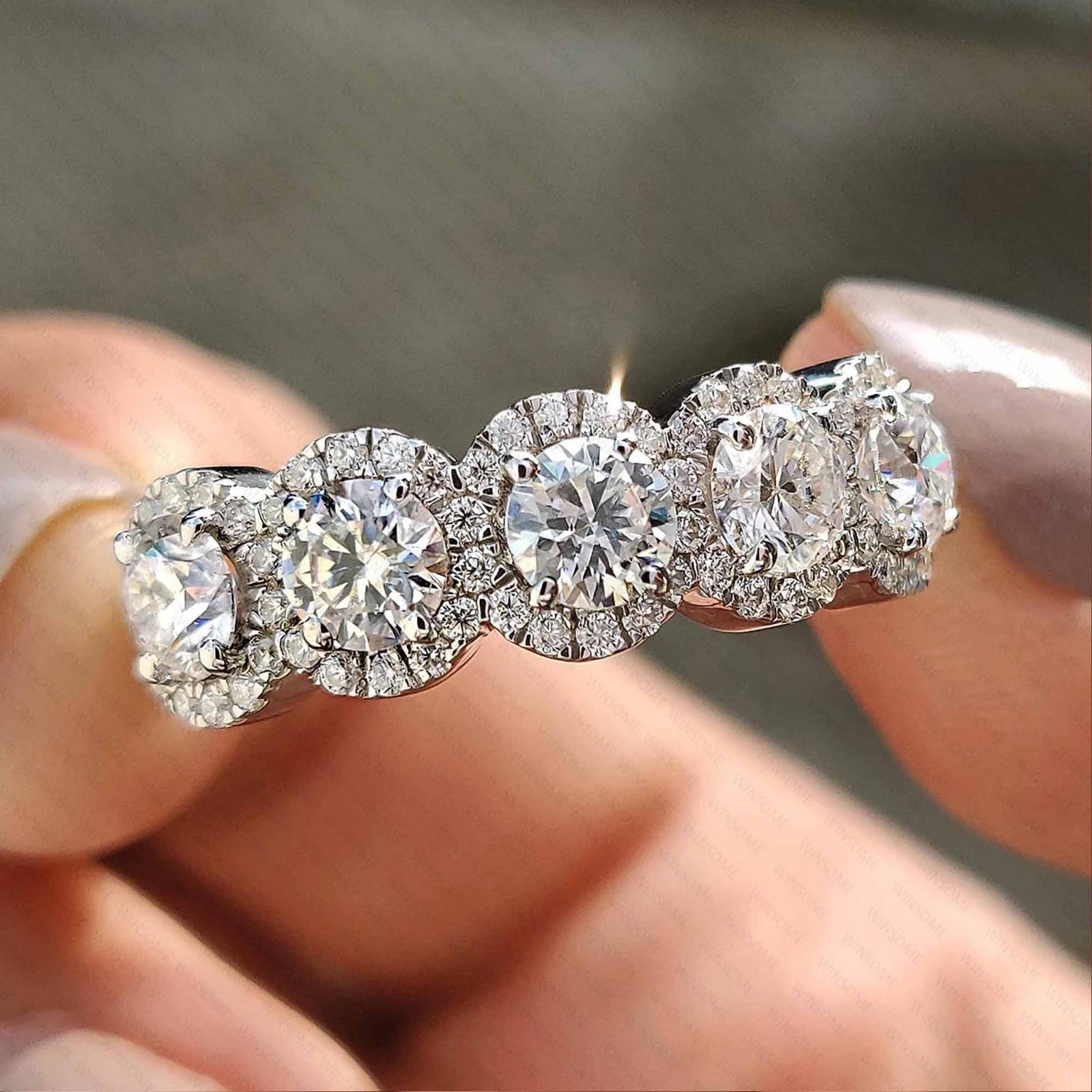 5 Stone Halo Moissanite Half Eternity Band in 14K White Gold Plated Wedding Ring