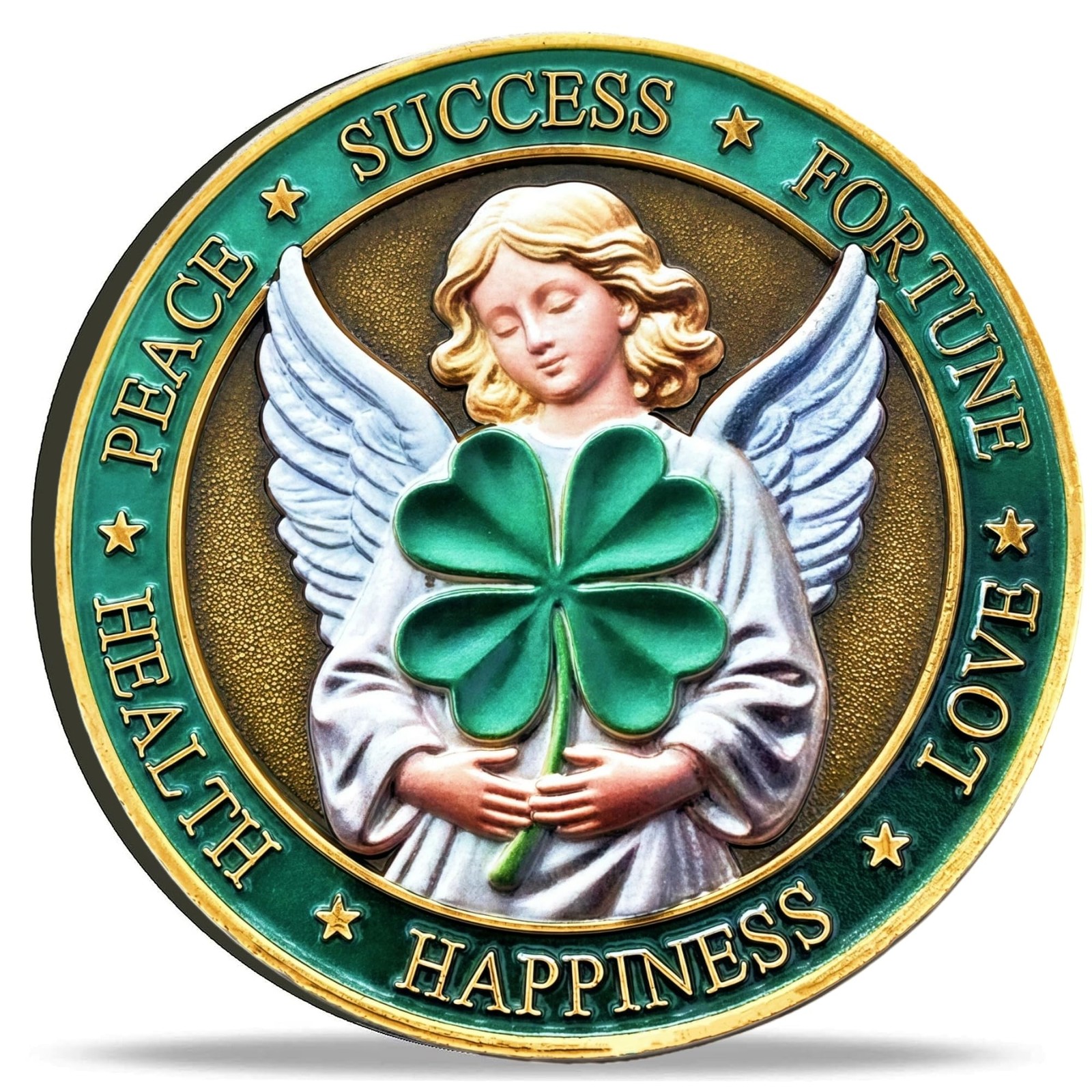 Good Luck Coin with Elephant, 4-Leaf Clover & 777 - Symbol of Single 