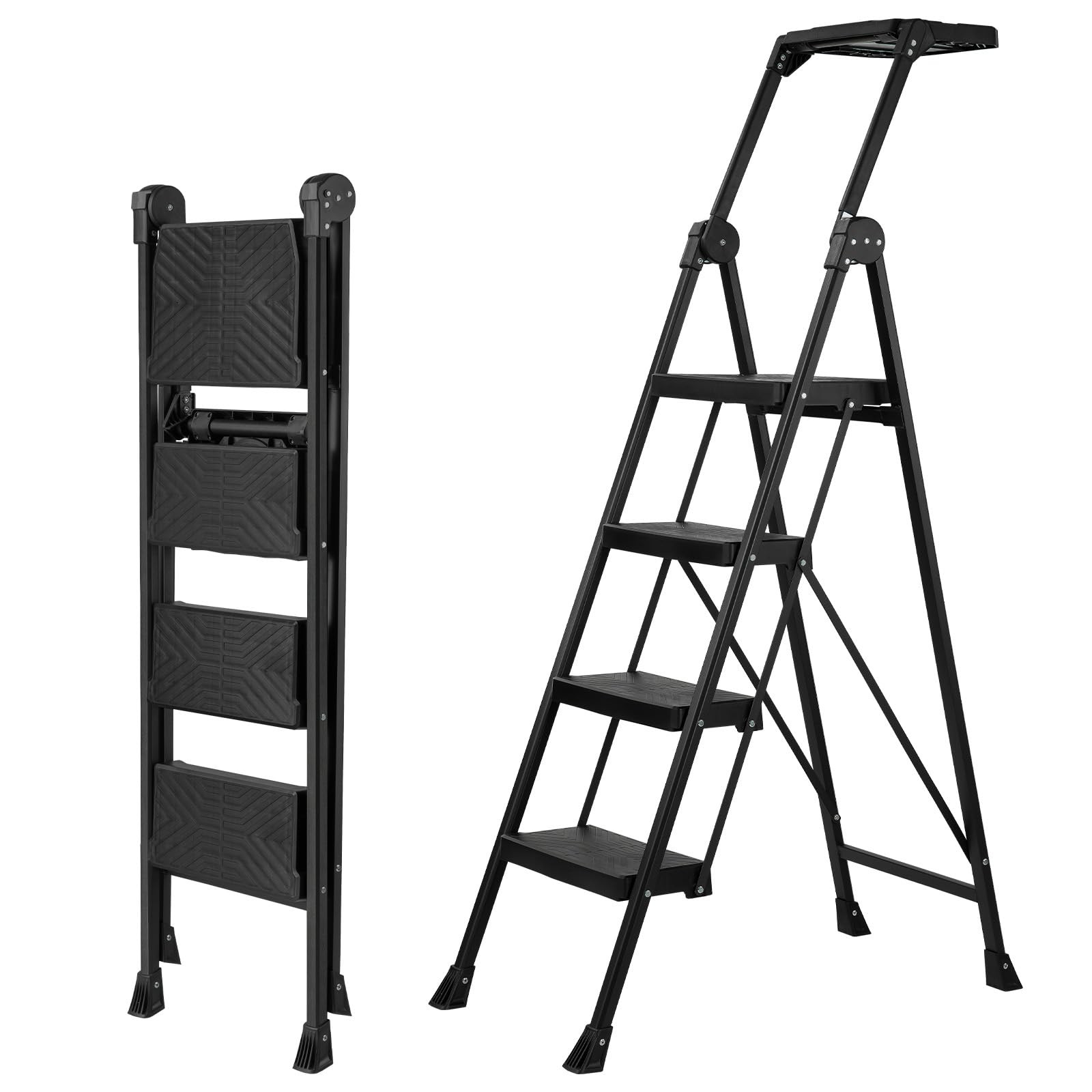 4 Step Ladder Foldable Handrail & Tool Tray Stool Ladders with Anti-Slip Wide