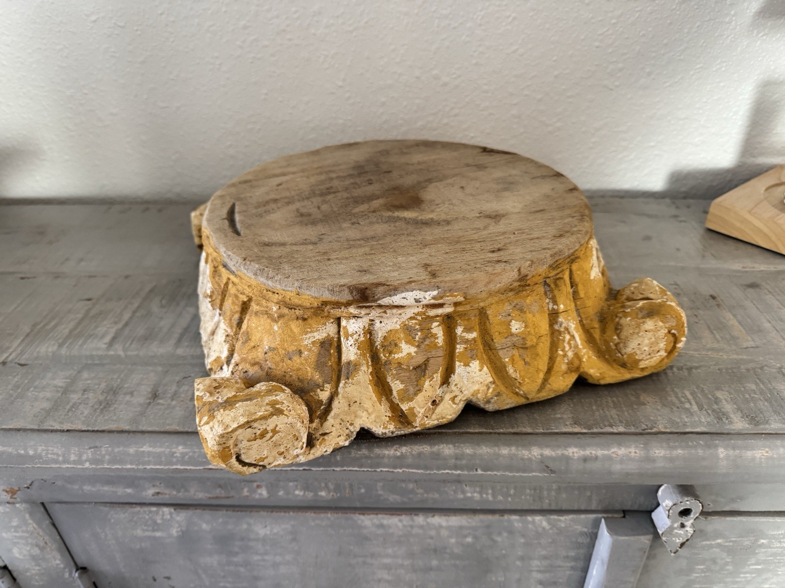 Antique Wood Pedestal Base with Gold, Brown, White Ornate Accents