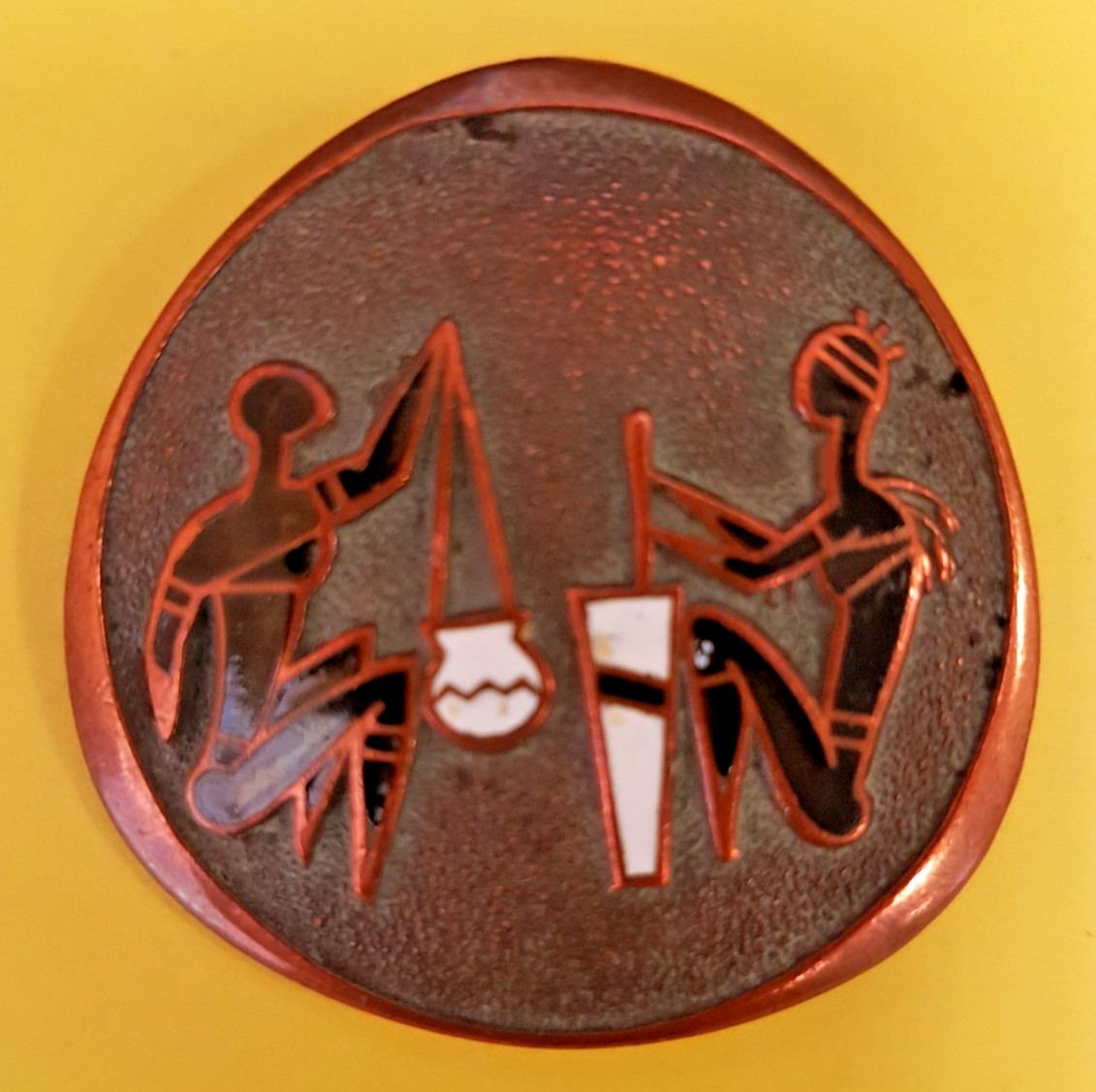 Stunning Vintage African Tribal Man Woman Copper/Enamel Brooch