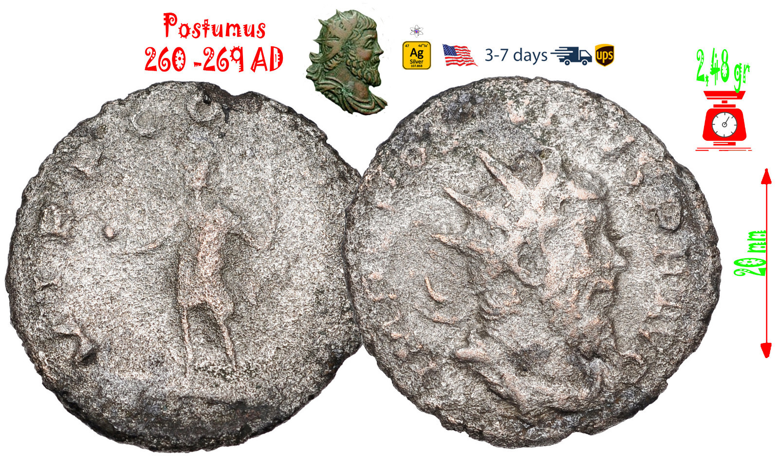 Ancient Roman Empire Coin Silver Antoninianus Postumus 260-269 AD #31620