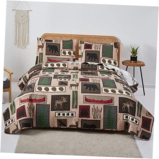  Lodge Bedding Set King Size Rustic Cabin Quilts King(96”x 108”) Brown White