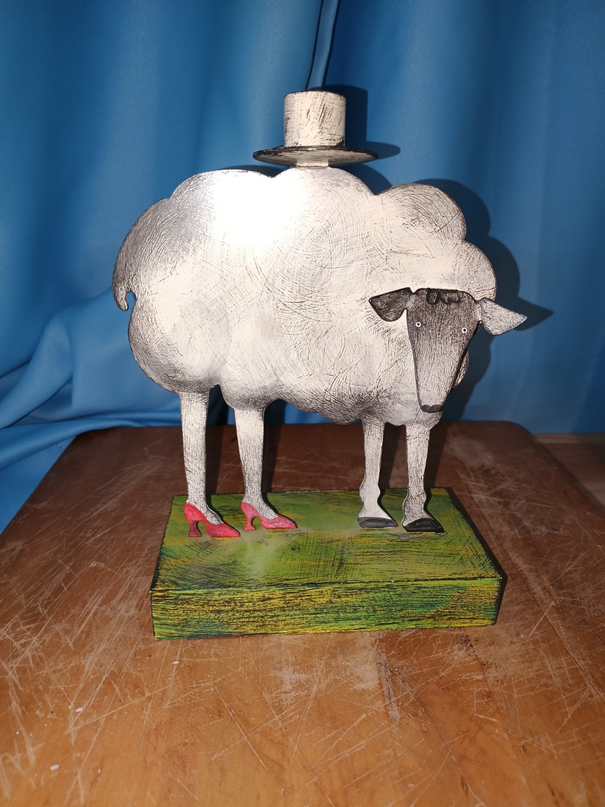 Rare ACME Animal Sheep Candle Holder  - Sheep In Red High Heels Folk art 