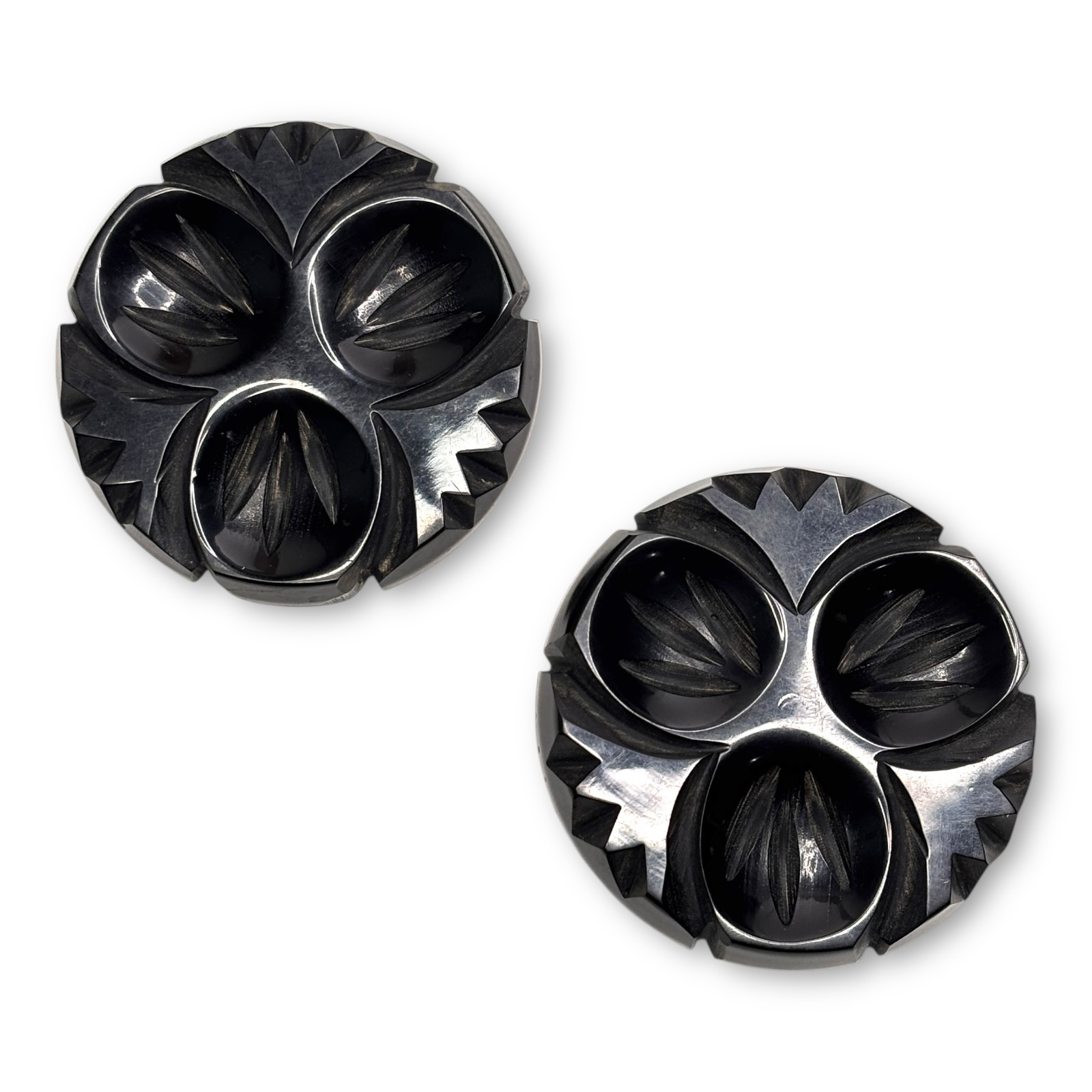 Mid-Century Deeply Carved Black Plastic Coat Buttons c.1950s Large 62mm Lot of 2