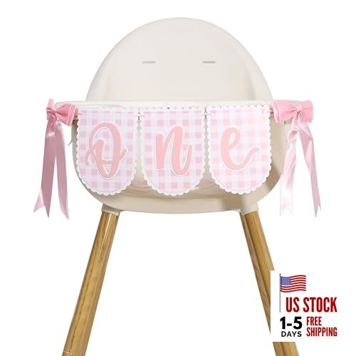 Pink Gingham Bow One High Chair Banner - Pink Bow One Banner,Coquette bow-1