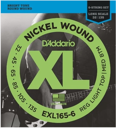 D'Addario Nickel Wound Bass Guitar 6-Strings, Custom Light 32-135, Long EXL165-6