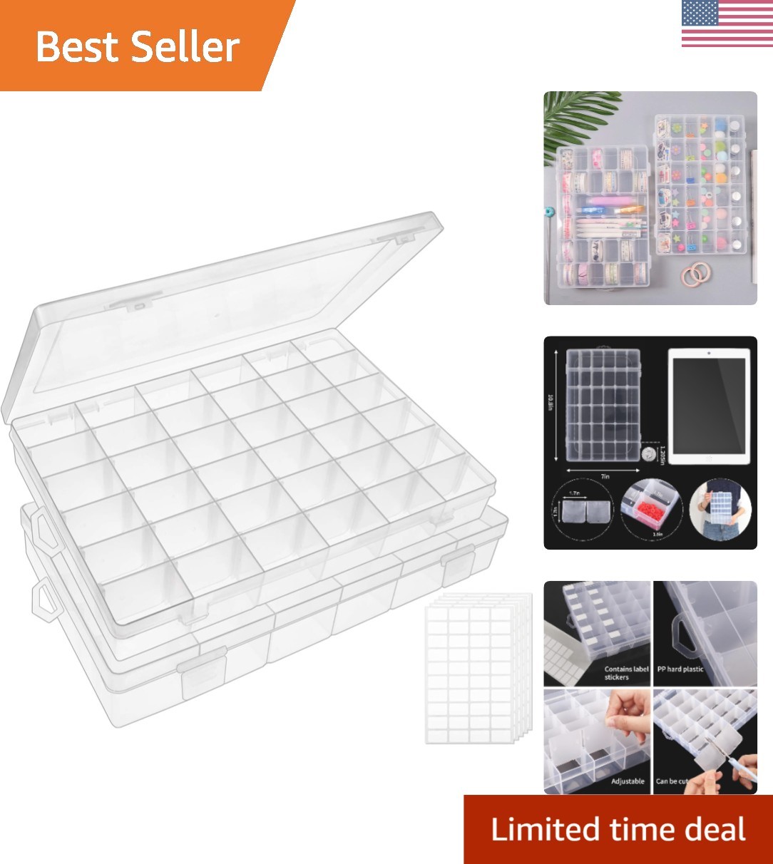 2 Pack Clear Organizer Box with 36 Adjustable Compartments for Jewelry & Crafts