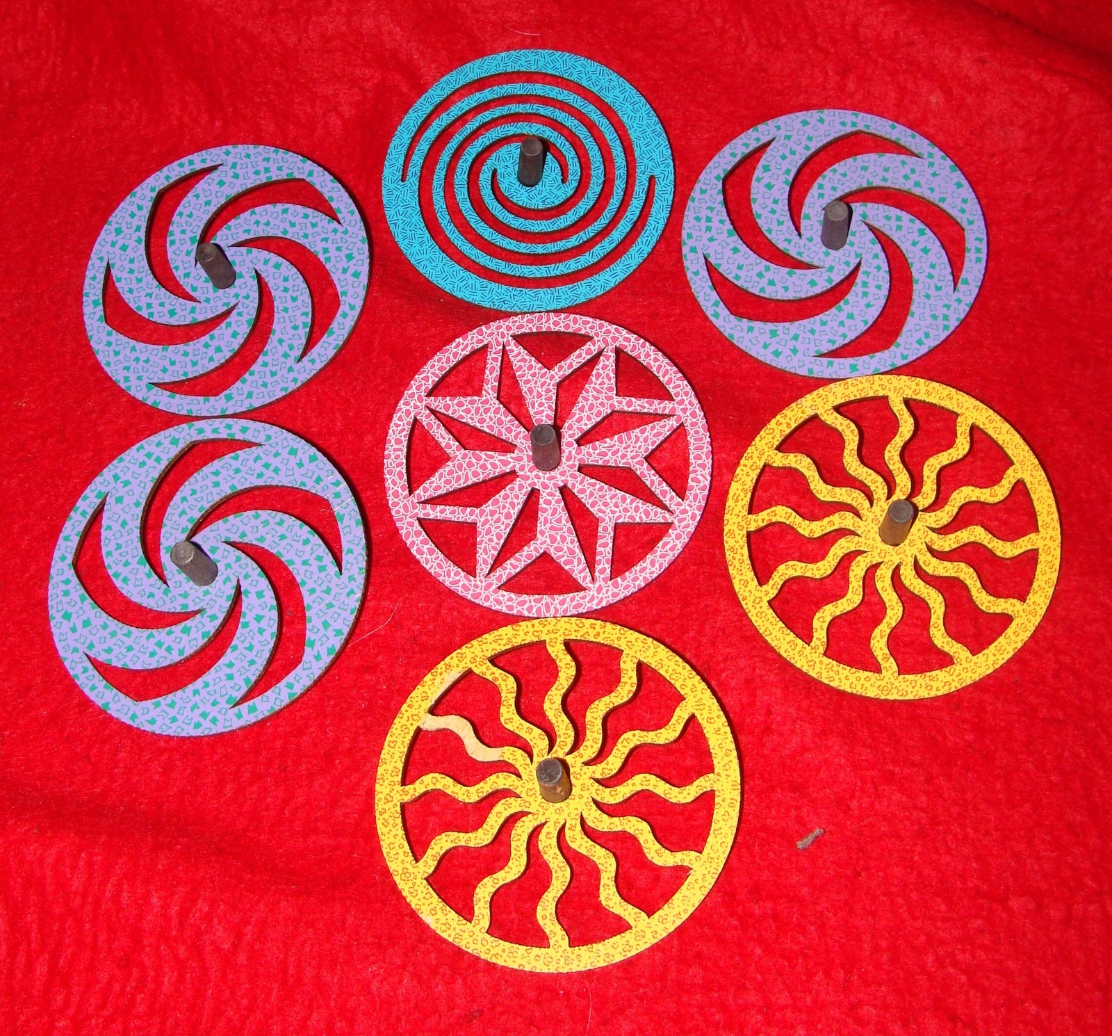 7 Vintage Toycrafter Psychedelic Spinning Tops - Wooden Toys w/ Mod Designs
