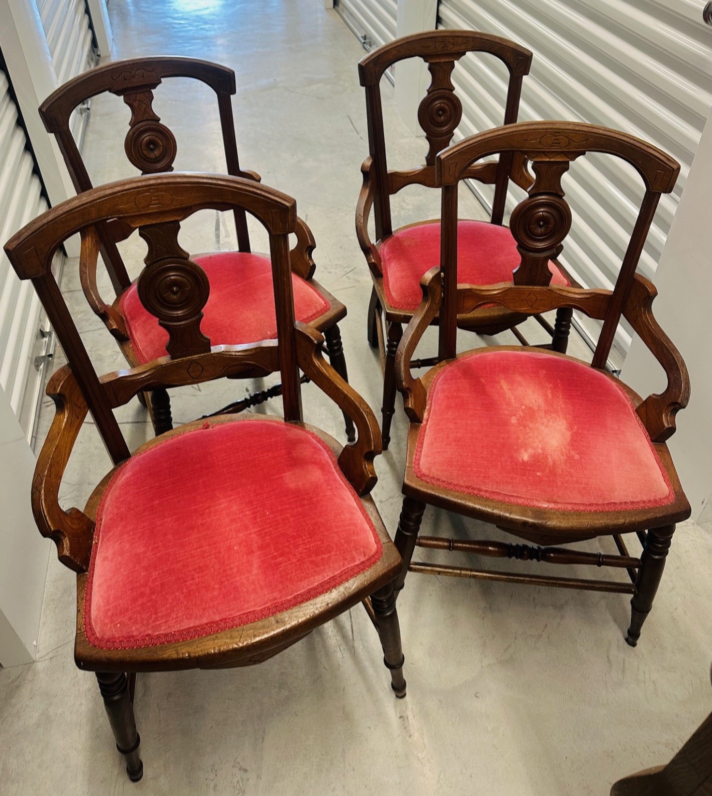 Set of 4 Antique Victorian Eastlake Walnut Dining Side  Chairs w Velvet Seats