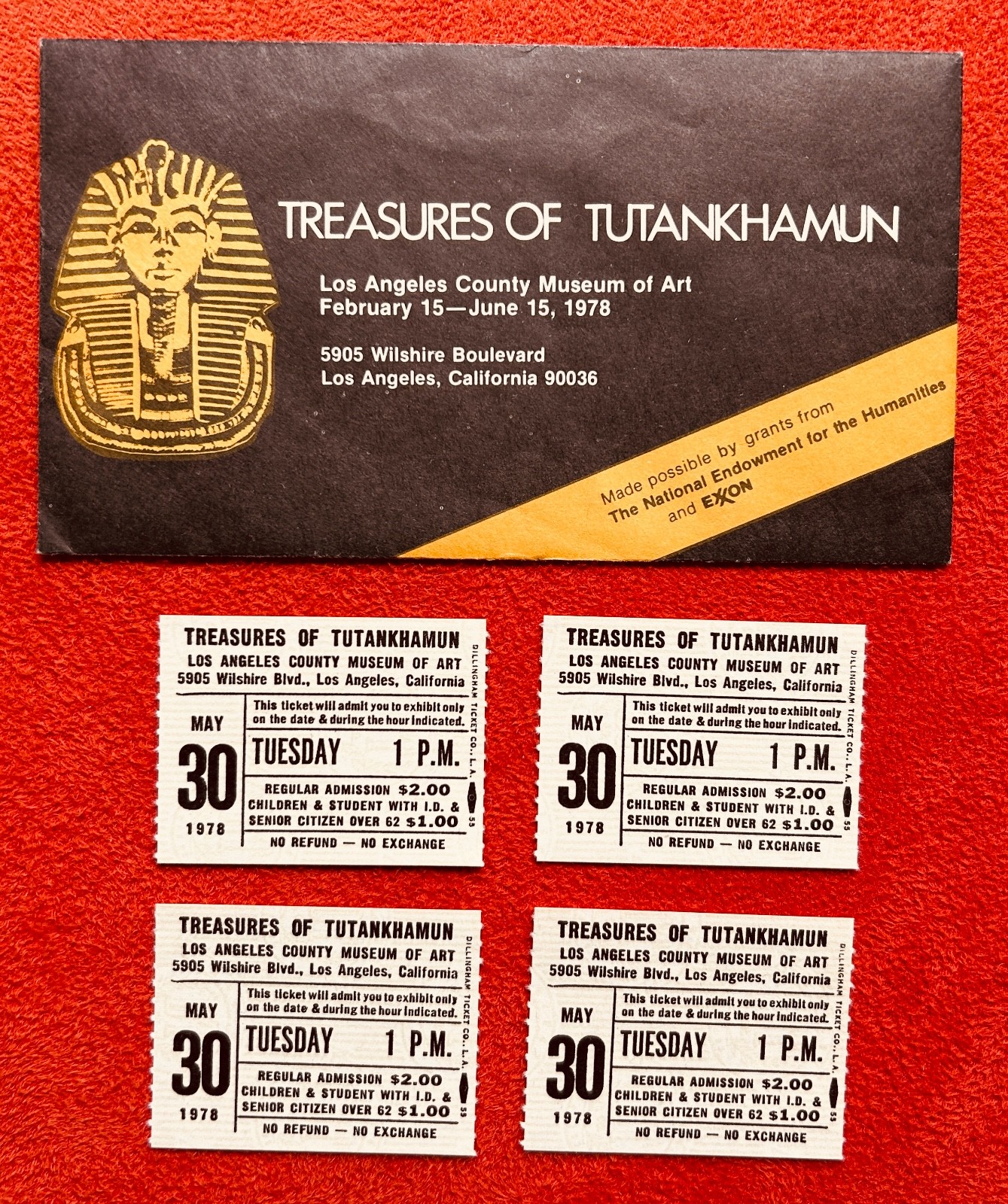 VINTAGE TUTANKHAMUN TICKETS, LACMA, 4, 1978 IN ORIGINAL ENVELOPE
