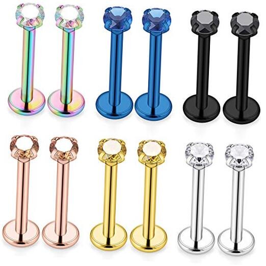  6 Pairs 14g Stainless Steel 3mm Prong Setting CZ Internally 6PRS - 8mm