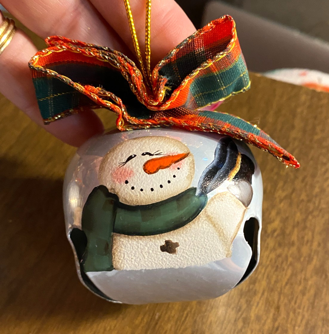 Silver Bell Metal w Snowman Christmas Ornament 2 1/2" C