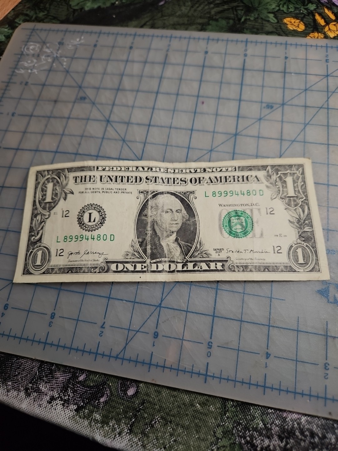 Trinary Fancy Serial Number One Dollar Bill L8999448D